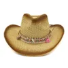 Pintura en aerosol marrón, decoración de cinta étnica, sombrero de estilo panamá para mujer, gorras con visera ancha y grande, sombrero de paja vaquero de verano para Unisex