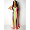 Donne Boho Spaghetti cinturino Rainbow Anti A Striped Sashes lungo Maxi Dress Dress Cocktail Party Summer Beach Beach Beach Beach Sea Fit e Flare Sundress