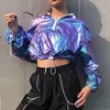2020 Kadın Rave Kıyafet Holografik Ceket Kısa Kapşonlu Neon Kıyafet Dans Mahsulü En İyi Kadınlar Caz Dans Sokağı Giyim