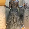 2020 Train destacável Árabe Aso Ebi Dubai Dusty azul elegante luva cheia Prom Dresses V Neck bordado Cristal Evening Vestidos Plus Size