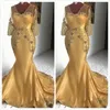 2020 Gold Sexy Mermaid African Madre de la novia Vestidos con cuello en V Encaje con cuentas Madre del novio Vestidos baratos Fiesta formal Vestidos de noche