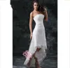 2019 Novos Vestidos de Casamento Sexy Strapless Apliques de Renda Alta Baixa Pouco Marfim Branco Lace Up Voltar Verão Praia Vestidos de Noiva Curto 1171