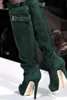 مثير الأخضر الجلد المدبوغ المرأة الشتاء أحذية طويلة جولة تو مشبك حزام فوق الركبة الأحذية أحذية عالية الكعب منصة المدرج