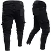 새로운 남성 디자인 청바지 봄 검은 찢어진 고민 된 구멍 디자인 진 연필 바지 주머니가있는 Pantalones Pantalones