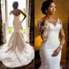 Mermaid Designer Dresses Long Sleeves Sheer Neck Scoop Lace Applique Sweep Train Wedding Bridal Gown Vestido De Novia