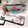 Fleurs Téléphone étui pour iphone 12 mini 11 pro XS Max X XR 8 7 6 6S Plus Couverture Dragonne Main Bande Cas Doux TPU Relief Coque Stand Capa