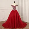 Sapkly Beading Crystals Prom Quinceanera Klänningar från axeln Glitter Tulle Lång Golvlängd Söt 16 Klänning Boll Klänning Lace-Up Fashion