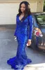 Roayl Blue Elegant Mermaid Prom Dresses Deep V Neck Long Sleeve Sweep Train Pears Beads Formal Dresses Evening Party Wear vestidos de noche