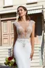 Sheer Deep V Neck Mermaid Wedding Dresses 2019 Lace Top Major Beading Buttons Back Beach Wedding Gowns Custom Made vestido de novia