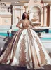 2019 Luxury Dubai Wedding Dresses Gold Sequins Pärled Sheer Neck Bridal Gowns Champagne Satin Ball Gown Wedding Vestidos Custom MA4629932