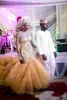 African Nigerian Styles Gold Mermaid Wedding Dresses With Long Sleeves Beaded Sweep Train Plus Size Bridal Party Gowns Vestidos De295a