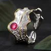 Real 925 Sterling Silver Ring Natural Tourmaline Ädelstenar Fina Smycken Justerbara Peony Leaf Ringar För Kvinnor Bijoux