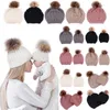 5 kleuren ouder-kind Caps met Pompon Warm Wasbeer Bont Bobble Mama Beanie Caps Kinderen Katoen Gebreide Moeder baby Hoed Winter