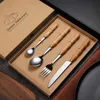 Promotional gifts VIP stainless steel cutlery set bamboo shape handle beach wood spoon knife fork fair advertisement gift boxes