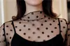 Kvinnors T-shirt Kvinnor Sexigt Mesh Se igenom T-shirt 2021 Fashion Hollow Transparent Underhirt Star Dot Base Topp Camisas Femininas Clubwear