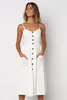 Knop Gestreepte Afdruk Katoen Linnen Casual Zomerjurk Sexy Spaghetti Strap V-hals Off Shoulder Dames Midi Jurk Vestidos