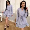 2018 Choker V-Neck Autumn Long Sleeve Dress Woman Solid Ruffles Flare Sleeve Sashes Dress Casual Straight Mini Dresses