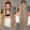 Stock 30inches long blonde lace frontal wig pre plucked with baby hair Straight ombre synthetic Full Lace Front Wigs for women