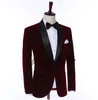 Bourgondië Velvet Mens Tuxedo Grooms Pak Black Notched Reverse One Button Prom Suits Best Man Blazer (Jacket + Pants + Bow)