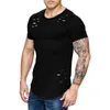 T-shirt da uomo T-shirt girocollo da uomo tinta unita strappata T-shirt girocollo a maniche corte svasate casual Top1