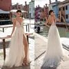 Hochzeit kundenspezifische Kleider Perlen sexy hohe Seite geteilte Spitze applizierte Spaghetti Rückenfreie Brautkleider Vestido de Novia