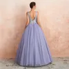 2019 New Sexy V-Neck Backless Crystal Purple Ball Gown Quinceanera Dresses Tulle Sweet 16 Dresses Debutante 15 Year Formal Party Dress BQ215