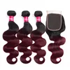 Ombre brasilianska hårbuntar Body Wave 1B Bourgogne 99J Human Hair Weave With 4x4 spetsstängning Två tonfärgade hårbeklädnadsförlängningar