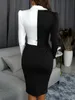 2019 femmes élégantes mode bureau dame vêtements de travail élégant robe de soirée deux tons bouton métallique Midi robe moulante T5190613