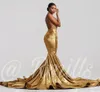 Sexy gouden fluwelen zeemeermin prom dresses hoge juweel nek backless hof trein zien door kant applique avondjurken formele jurk ogstuff