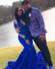 Royal Blue High Neck Mermaid Prom Klänningar 3D Blommor Lace Appliques Sheer Long Sleeves African Arabic Formal Party Evening Gowns