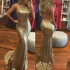 Błyszczące seksowne złote cekiny bez pleców długie kantarki Nakień Syrenka wieczorowe sukienki imprezowe suknie konkursowe