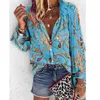 Kvinnor Lapel Neck Winter Printed Blue Floral Bluses New Autumn Fashion Designer Shirts Tops Long Sleeved Shirt S-5XL 2020