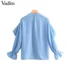 Vawomen doce babados blusa de chiffon V pescoço longo manga bonito feminino casual moda azul camisa elegante tops blusas