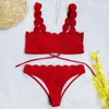 Damer bikini sätter solid våg baddräkt baddräkt kvinnor sexiga baddräkter sommar strandkläder hög elastisk kvinnlig simning kostym 050615