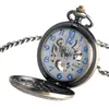 Classic Bronze Pocket Watch Women Men Hand Wind Mechanical Watches Skeleton Clock Timepiece Pendant Chain Arabic Number Dial