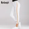 Monbeeph Jeans taille haute femme Patchwork à rayures latérales Jeans skinny tout assorti Pantalon décontracté Slim blanc slim