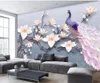 Fonds d'écran moderne de salon 3D tridimensionnel en relief magnolia paon de paon frais européen tv fond de fond