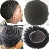 Afro Curl 360 Wave Full PU Toupee Mens Wig Lace Unit Hairpieces Brazilian Virgin Human Hair Replacement for Black Men