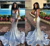 Sparkly Silver Cekiny Prom Dresses Mermaid Głębokie V Neck Spaghetti Paski Sweep Pociąg Czarna Girl Party Party Suknia Formalna Odzież