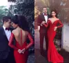 Elegante arabische rote Kleider für den Abend, formelle Kleidung, 2022, lange Ärmel, Spitze, Meerjungfrau, Ballkleid, Illusion, Juwelenausschnitt, Applikationen, sexy Verlobungskleid