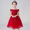 Elegantes Blumenmädchenkleid für Kinder mit flacher Schulter, Blumenapplikation, Tüllkleid, Thanksgiving-Baby-Weihnachtskleid 4878263