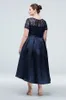 Navy Blue High Low Lace Plus Storlek Prom Klänningar En linje Sheer Jewel Neck Sevinnad Evening Kake Kort Ärm Satin Formell Klänning