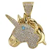 Nouveau Arrivé Hip Hop Plein Zircon Licorne Pendentif Ornement Collier Pendentif avec Chaîne De Corde En Acier Inoxydable