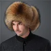 Erkek Gerçek Tilki Kürk ve gerçek deri Şapka Rus Ushanka Kış Sıcak Aviator Trapper Bombacı Kayak Earmuffs Kap