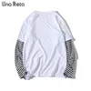 T-shirt Una Reta Uomo 2018 Primavera Nuovo marchio Hip-Hop Stripe Splicing Summer Tee Top Falso in due pezzi Manica lunga da uomo T-shirt