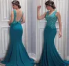 Teal Blue Embroidery Lace Beaded Formal Dress Evening Cheap 2021 Sheer Cap Sleeve Mermaid Prom Dress paolo sebastian Evening Gowns For Women