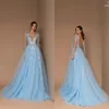 2020 Hellhimmelblau Günstige Abendkleider Ärmellos Sweep Zug Appliziert Heißes Verkaufs-Abschlussballkleid Sexy Rückenfreies, maßgeschneidertes Partykleid