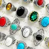 Fashion 30 Pieces/lot Turquoise Band Rings Jewelry Large Size Crystal Antique Silver Natural Stone Ring Womens Men Party Gift