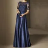 Printemps 2020 élégantes robes de soirée formelles bijou cou manches courtes brillant corsage en dentelle perlée satin une ligne jupe robes de soirée bleu marine