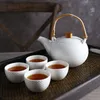 Classic Tetsubin Design Porcelain Teaware Set with 1 Teapot 4 Tea Cups for Loose Leaf Flower Relief Dots on Matte White Green